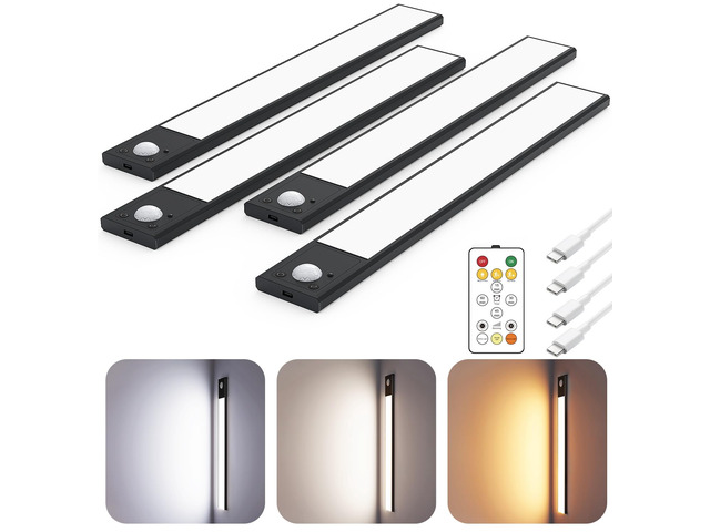 12' Under Cabinet Lighting Wireless, Remote, Motion Sensor, 4Pack, Black 0.33' Ultra-thin Aluminum Alloy Body, USB-C Rechargeable, 3-Color-Temp,...