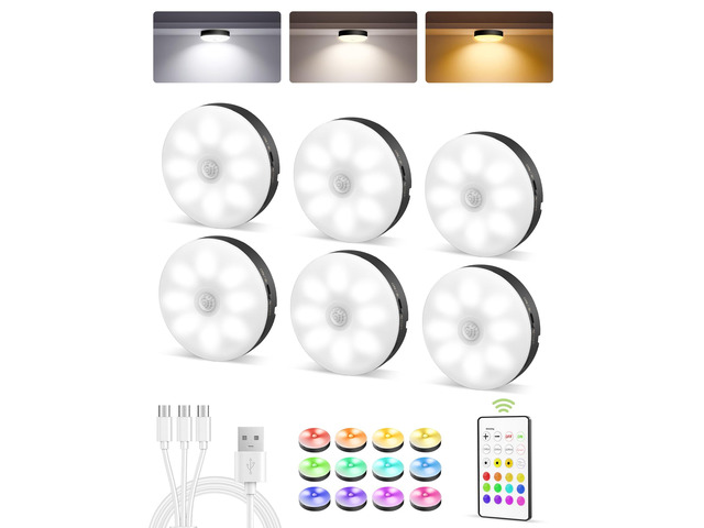 RGB Under Cabinet Puck Lights with Remote, Motion Sensor Lights Matte Black, 6-Pack with Remote, Rechargeable, Wireless, 3 Color Temps, 12 RGB...