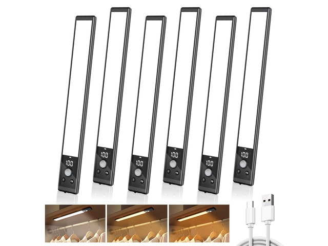 6-Pack 10' Wireless Under Cabinet Lights with Digital Display Rechargeable motion sensor lights with magnetic mounting, dimmable 52 LEDs and 3...