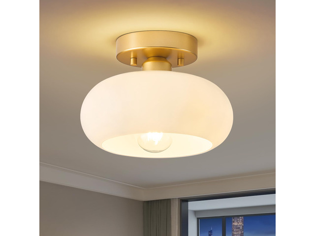 Mid-Century Modern Gold Semi Flush Ceiling Light 8.66 Inch Mini White Glass Shade Close to Ceiling Lighting Fixture For Kitchen Entryway Hallway...