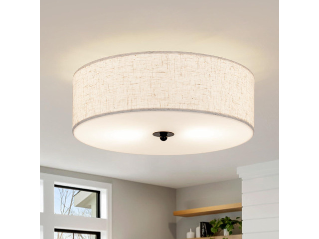 Flush Mount Ceiling Light Fixture, 13' Close to Ceiling Light with Beige Fabric Linen Drum Shade, 2-Light Modern Round Ceiling Light for Bedroom...