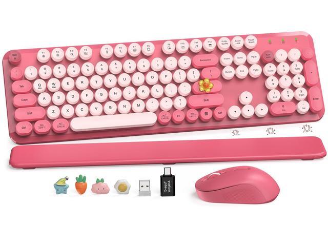 Wireless Keyboard and Mouse Combo, Cute Hot Pink Full-Size Retro Typewriter Keyboard with Round Keycaps, Magnetic Wrist Rest, Tilt Legs, 2.4GHz...