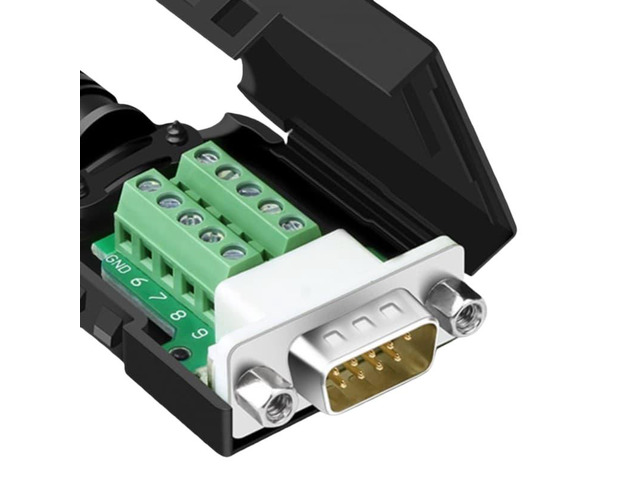 Two DB9 adapter terminals with housings, COM port, DR9 terminal, RS232, RS485 9-pin splitter (male with nut).