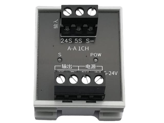 2-channel signal conversion module, NPN/PNP polarity converter, optocoupler isolation, 500kHz input/output, 5V/24V, controlled by DIP switch.