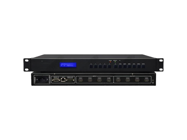 4x4 HDMI matrix switcher, supports 4K/1080P, optional Ethernet app, supports HDCP video, RS232 interface, infrared remote control and scene control...