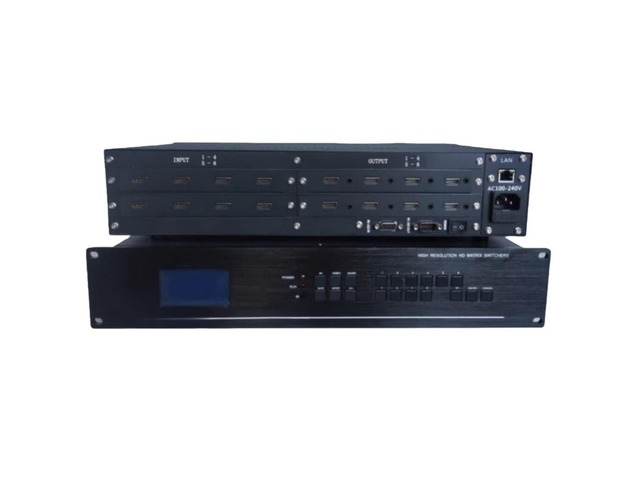 8x8 4K HDMI matrix switcher with modular audio slot card, supporting HD 4K 30Hz, 1080P 3D video, and RS232.