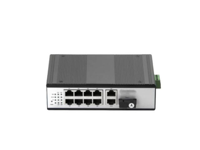 10-port industrial-grade fiber optic switch transceiver, 1000M gigabit speed, SC interface, DIN rail mounting.