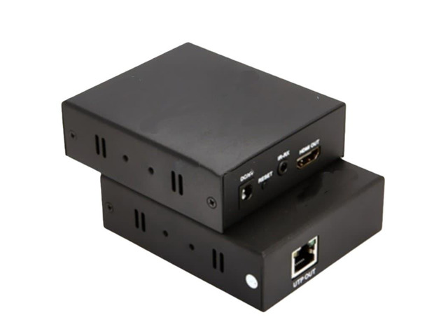 This HDMI UTP extender connects via an RJ45 Ethernet cable and supports HDMI 1.4, H.264, 1080P, and 3D video transmission over a distance of 150...