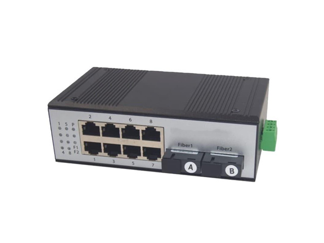 One pair of 2F8E industrial fiber optic switches, two SC optical fibers, transmission distance of 20 km, eight 10/100M Ethernet ports, no PoE power...