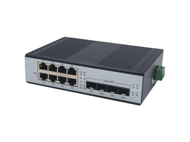 The 4F8E industrial fiber optic switch features four SFP optical transceivers, eight Gigabit Ethernet ports, and supports stacking.