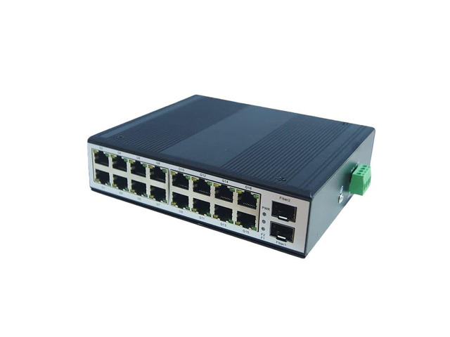 The 2F16E industrial fiber optic switch features two SFP optical transceivers, a 16-port Gigabit Ethernet port, and supports stacking.