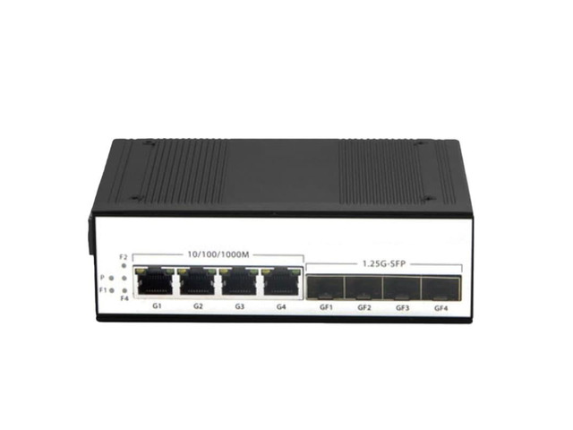 Industrial fiber optic switch, 4xSFP, 4x1000M Gigabit Ethernet, PoE power supply, optical transceiver, supports stacking.