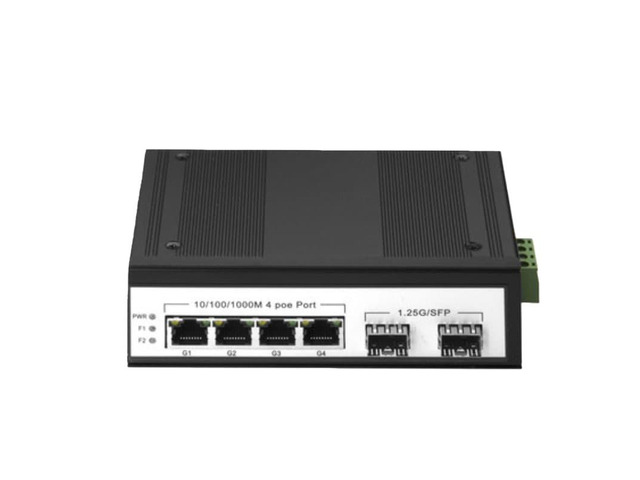 Industrial fiber optic switch, 2xSFP, 4x1000M Gigabit Ethernet, PoE power supply, optical transceiver, supports stacking.