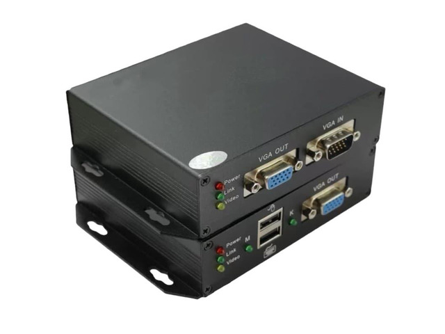 KVM extender, VGA, USB, 1080P HD video, mouse and keyboard, 600M Ethernet via Cat 5e/6 RJ4 cable.