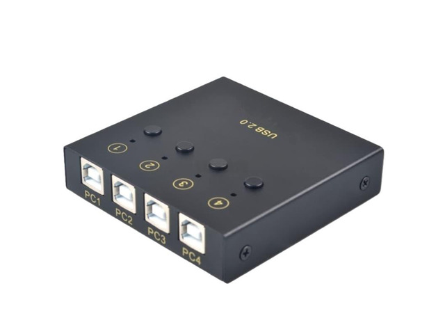 4-port automatic USB 2.0 sharing switch; PCs can share two USB devices to a flash printer (480Mbps) via cable, button/hotkey/software.