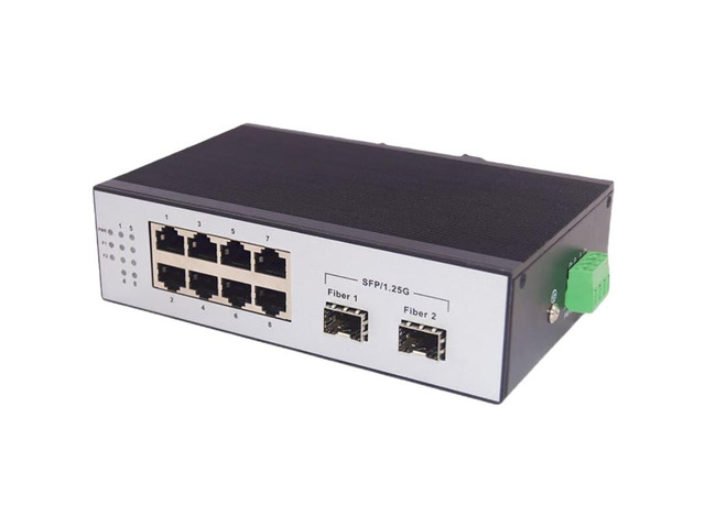 2F8E Industrial Fiber Optic Switch, 2 SFP ports, 8-port Gigabit Ethernet, no PoE, self-healing ring SHR optical transceiver