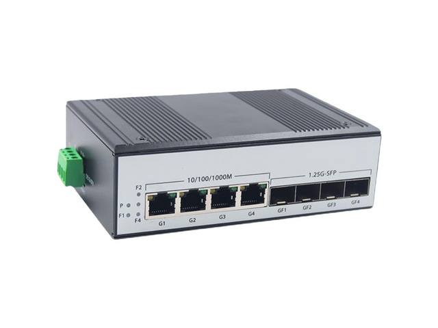 The 4F4E industrial fiber optic switch features four SFP ports, four 10/100/1000M Gigabit Ethernet ports, PoE power supply, optical transceivers,...