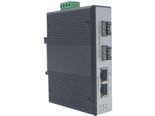2F2E industrial fiber optic switch, 2 SFP ports, 2 10/100/1000M Gigabit Ethernet ports, PoE power supply, optical transceiver, supports stacking.
