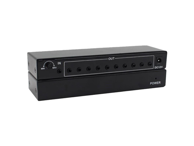 1x10 3.5mm audio splitter, 1 input, 10 outputs, with volume control, suitable for headphones, DC12V, metal housing.