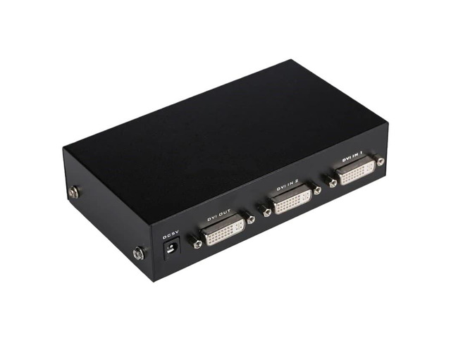 2x1 DVI switcher, supports Full HD 1080P UXGA HDTV, 165MHz, 2048x1536 high resolution, metal casing.