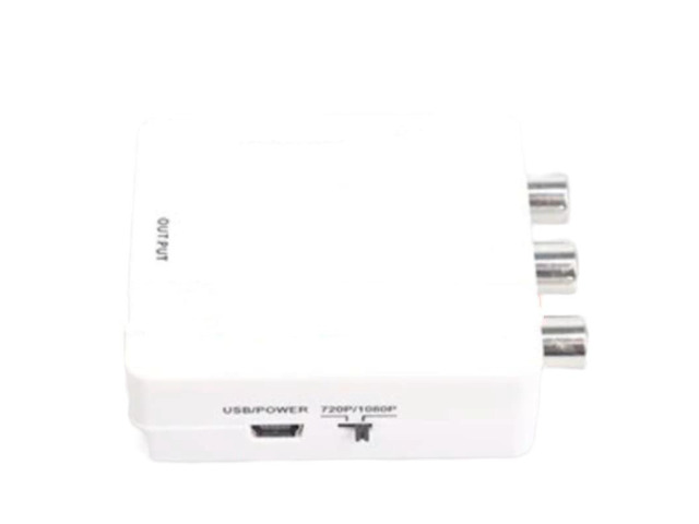 AV to HDMI converter, made of plastic, with CVBS high-definition 1080P composite audio and video interface, and includes a USB power cable.