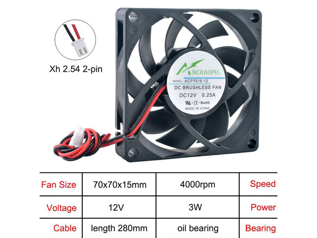 ACP7015 70x70x15mm axial cooling fan, 2-pin DC12V, oil-impregnated bearing, suitable for power inverters, routers, electronic products, HVAC...