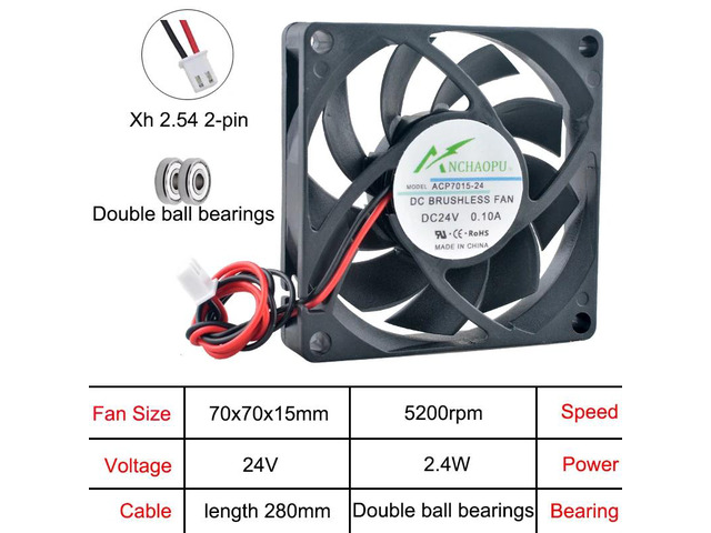 ACP7015 70x70x15mm Axial Cooling Fan, 2-pin DC/DC24V, Dual Ball Type, suitable for power inverters, routers, electronic products, HVAC systems, and...
