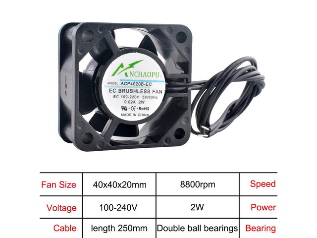 40x40x20mm EC Brushless Cooling Fan, AC 110V 120V 220V 240V, Rack Mount Axial Fan