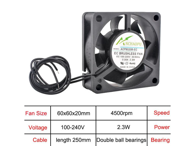 60x60x20mm EC brushless cooling fan, AC 110V 120V 220V 240V, rack-mount axial fan