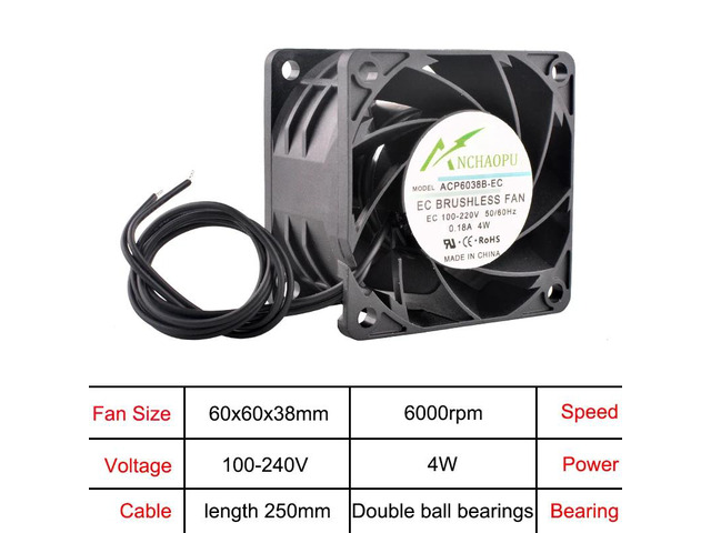 60x60x38mm EC brushless cooling fan, AC 110V 120V 220V 240V, rack-mount axial fan.