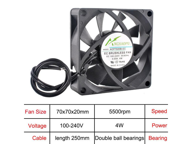 70x70x20mm EC Brushless Cooling Fan, AC 110V 120V 220V 240V, Rack Mount Axial Fan