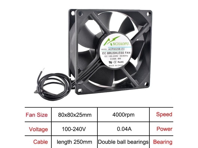 80x80x25mm EC brushless cooling fan, AC 110V 120V 220V 240V, rack-mount axial fan