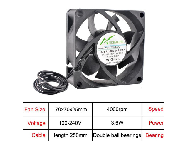 70x70x25mm EC brushless cooling fan, AC 110V 120V 220V 240V, rack-mount axial fan.