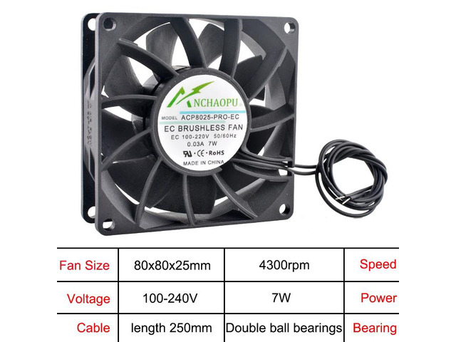 80x80x25mm High-Power EC Brushless Cooling Fan, AC 110V 120V 220V 240V, Rack-Mounted Axial Fan