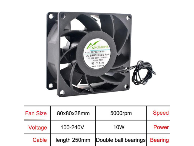80x80x38mm EC brushless cooling fan, AC 110V 120V 220V 240V, rack-mount axial fan