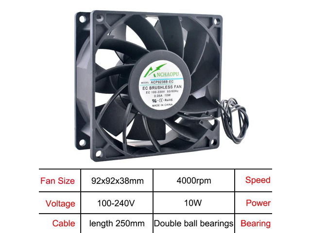 92x92x38mm EC brushless cooling fan, AC 110V 120V 220V 240V, rack-mount axial fan.