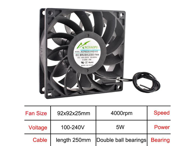 92x92x25mm High-Power EC Brushless Cooling Fan, AC 110V 120V 220V 240V, Rack-Mounted Axial Fan