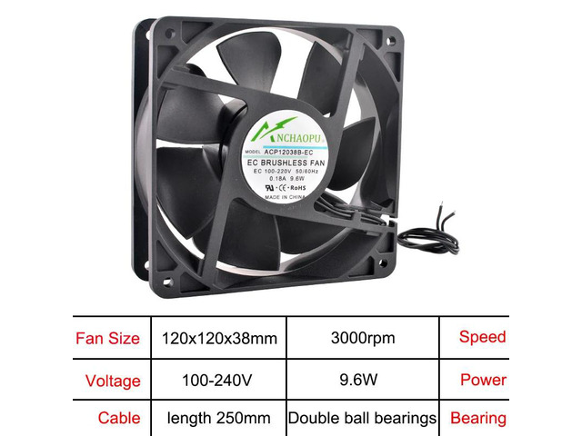 120x120x38mm EC Brushless Cooling Fan, AC 110V 120V 220V 240V, Rack-Mounted Axial Fan