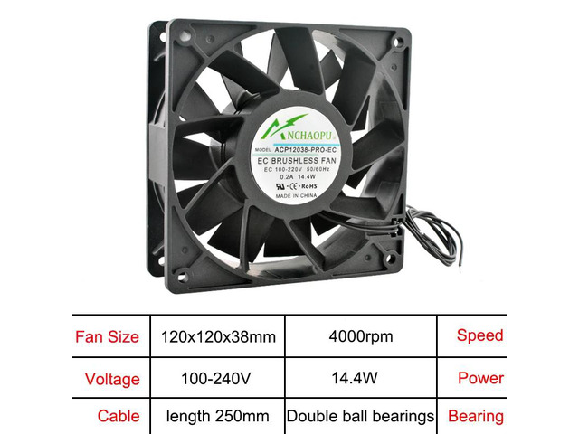 120x120x38mm High-Strength EC Brushless Cooling Fan, AC 110V 120V 220V 240V, Rack-Mounted Axial Fan