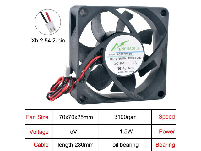 The ACP7025 70mm axial cooling fan is suitable for server power supplies and DC 5V oil-bearing inverters. Dimensions: 70x70x25mm.