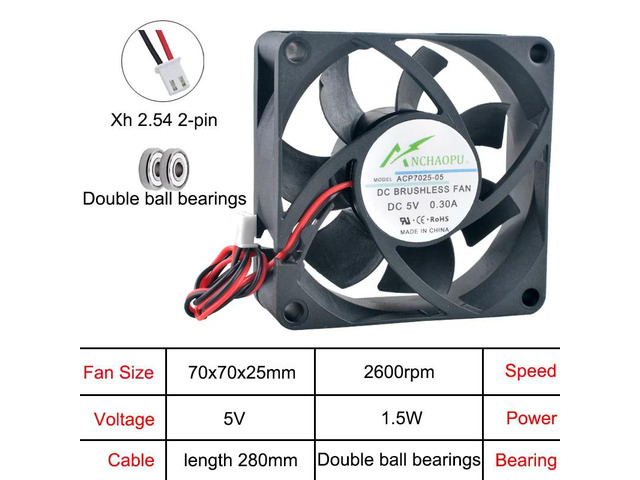 The ACP7025 70mm axial cooling fan is suitable for server power supplies and DC 5V dual-ball inverters. Its dimensions are 70x70x25mm.