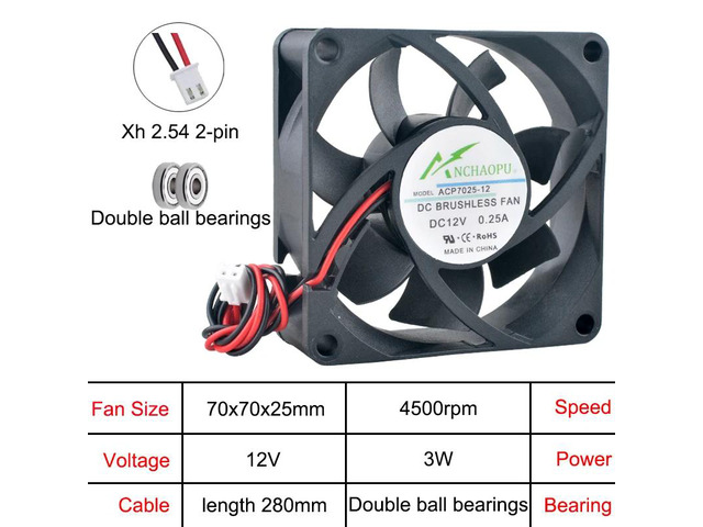 The ACP7025 70mm axial cooling fan is suitable for server power supplies and DC 12V dual-sphere inverters. Its dimensions are 70x70x25mm.