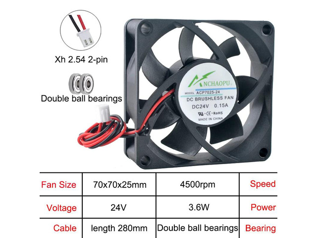 The ACP7025 70mm axial cooling fan is suitable for server power supplies and DC 24V dual-sphere inverters. Its dimensions are 70x70x25mm.