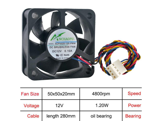 ACP5020-12S-PWM, ACP5020-12B-PWM, and ACP5020-24B-PWM 5cm/50mm fans, dimensions 50x50x20mm, DC12V oilbearing 4-pin, suitable for CPU inverter...