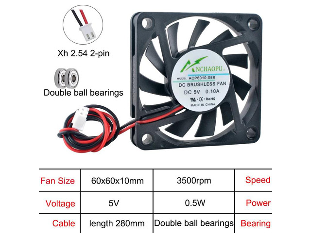 (5 pieces) Ultra-thin ACP6010 6cm (60mm) axial fan 2-pin cooling fan, suitable for charger power supply DC5V, dual ball 60x60x10mm