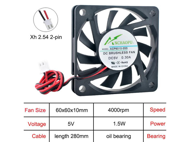 (5 pieces) Ultra-thin ACP6010 6cm (60mm) axial fan, 2-pin cooling fan, suitable for charger power supply DC5V, oil bearing, 60x60x10mm