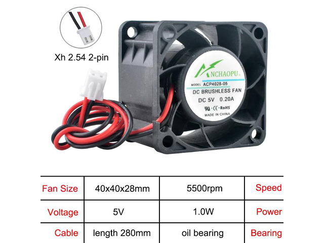 ACP4028 4cm 40mm Axial Fan (40x40x28mm), DC 5V, Oil-impregnated Bearing, 2-pin, Suitable for 1U/2U Power Supplies, Industrial Control Computers