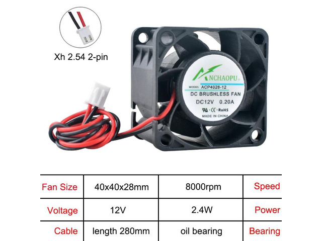 ACP4028 4cm 40mm Axial Fan (40x40x28mm) DC12V Oil-impregnated Bearing 2-pin Suitable for 1U and 2U Power Supplies, Industrial Control Computers