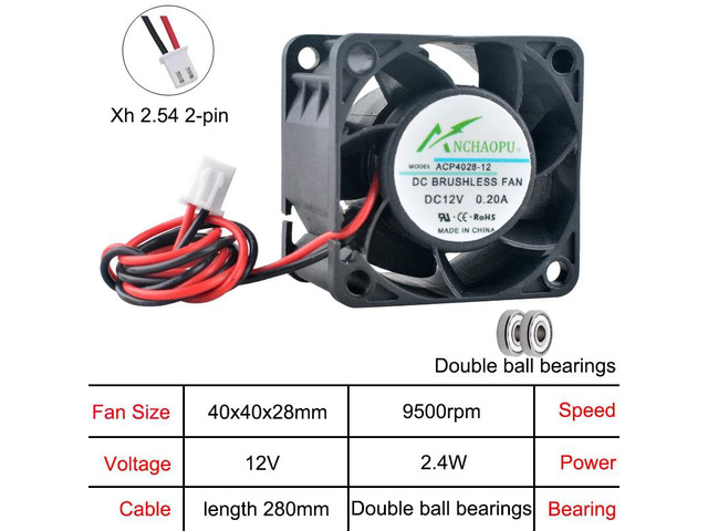 ACP4028 4cm 40mm Axial Fan (40x40x28mm) DC12V Cooling Fan, Dual Ball 2-Pin, Suitable for 1U and 2U Power Supplies, Industrial Control Computers