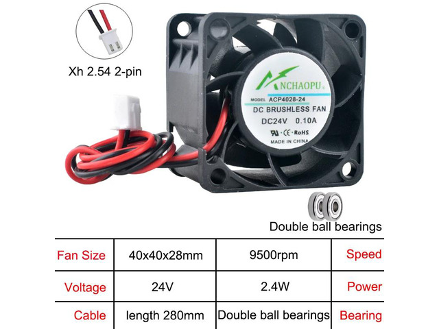 ACP4028 4cm 40mm Axial Fan (40x40x28mm) DC24V Cooling Fan, Dual Ball 2-Pin, Suitable for 1U and 2U Power Supplies, Industrial Control Computers